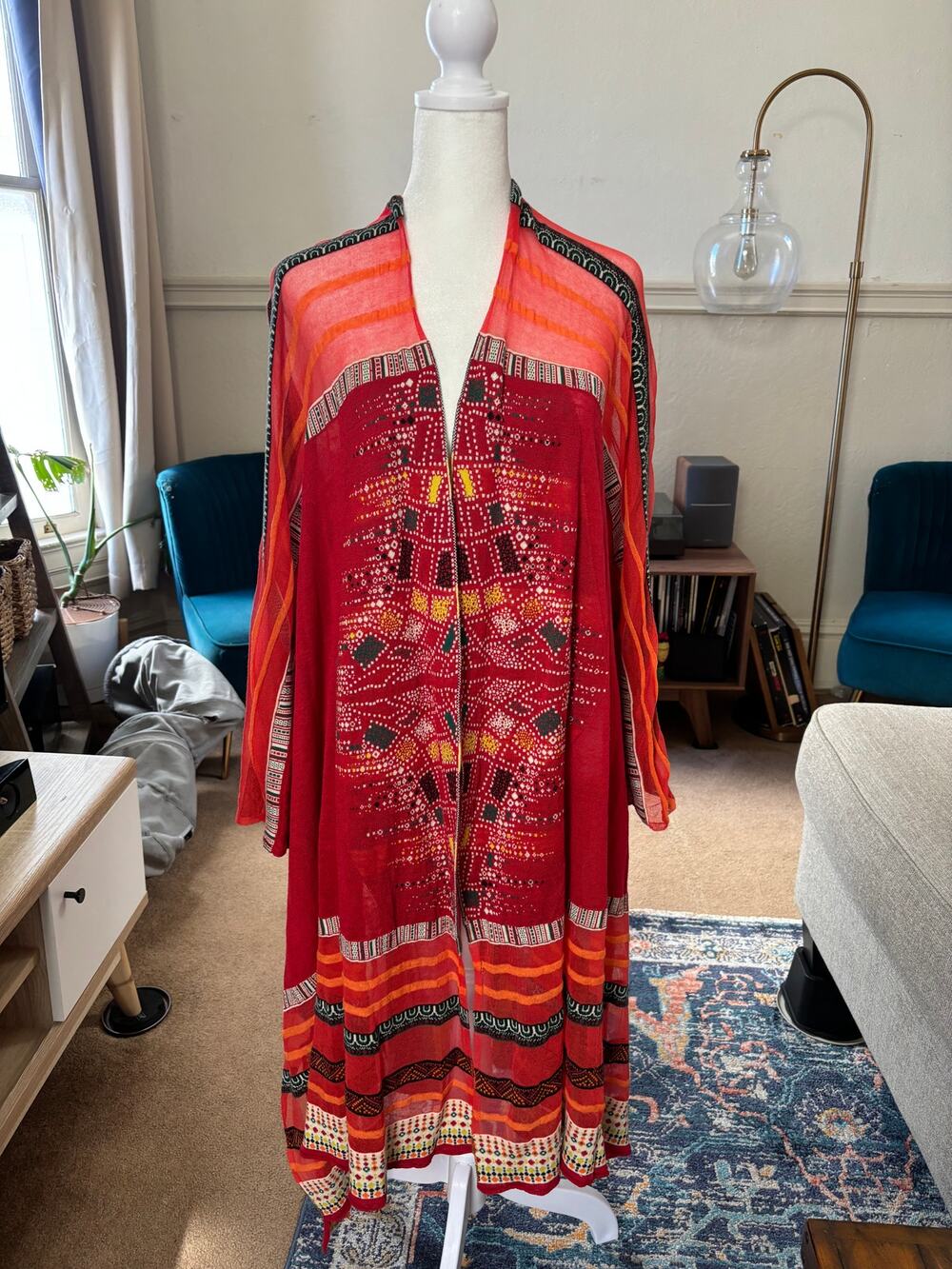 IVKO Woman Red Orange Tribal Print Open Front Kimono Duster Cardigan Size 44/46